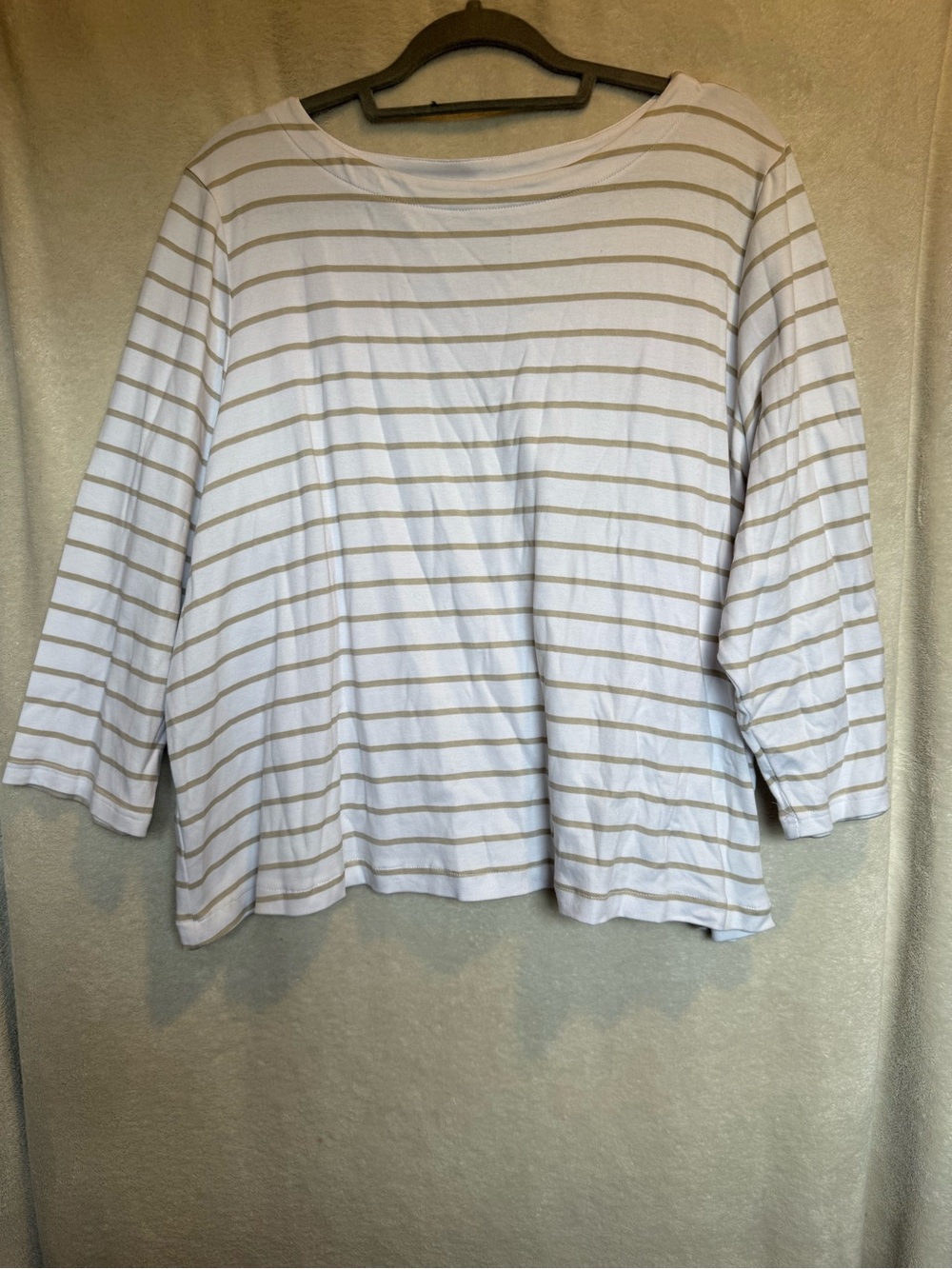 croft & barrow White and Tan Striped Boatneck Long Sleeve Top